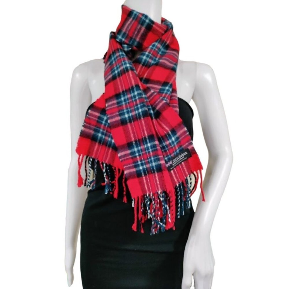 Vintage 100% Cashmere Scotland  Fringe Hem Plaid Winter Scarf Red Women's